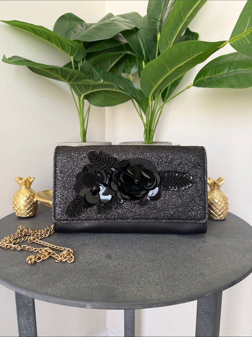 Aldo Black Glitter Sequin Floral Chain Clutch